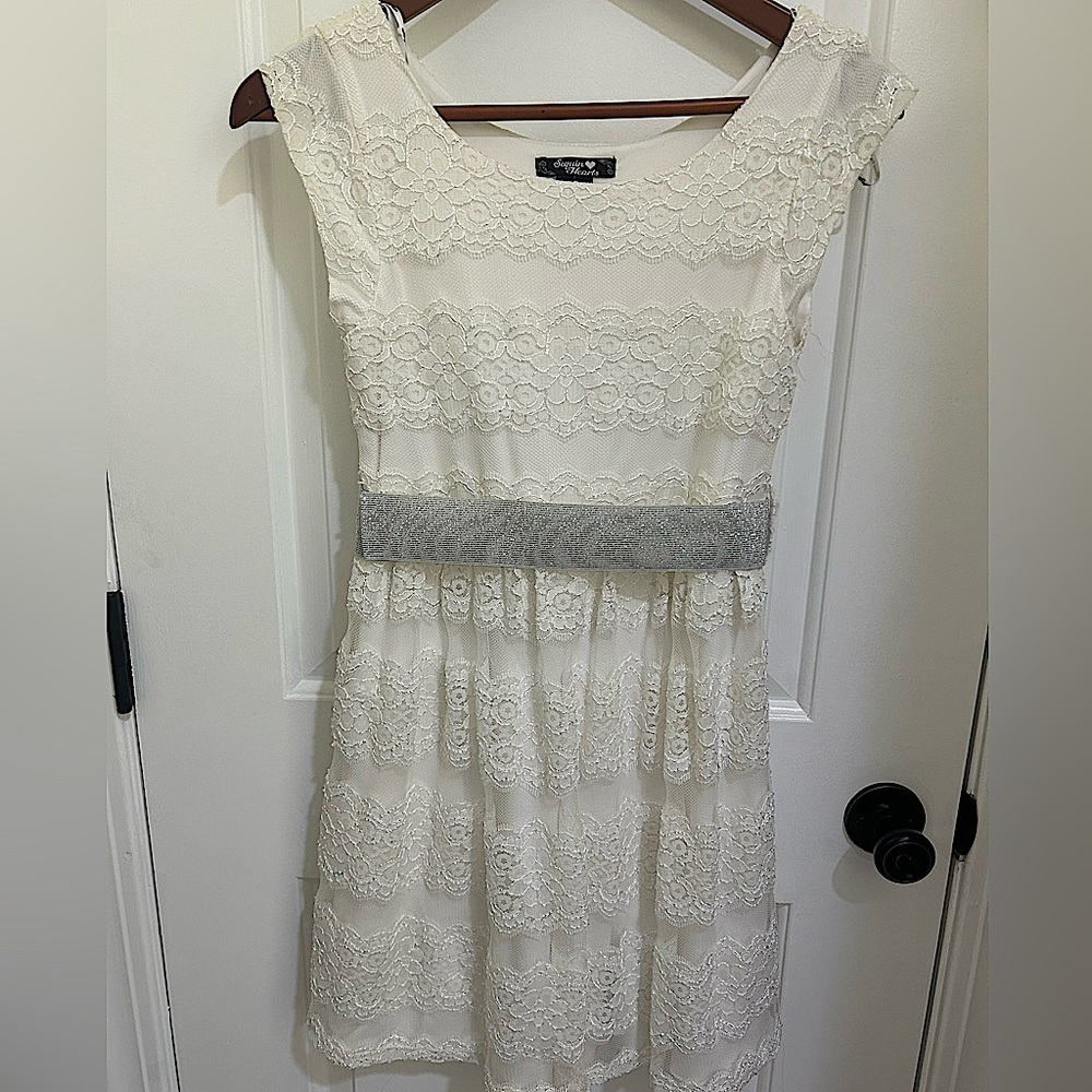 Sequin Hearts No Sleeve White Lace Dress